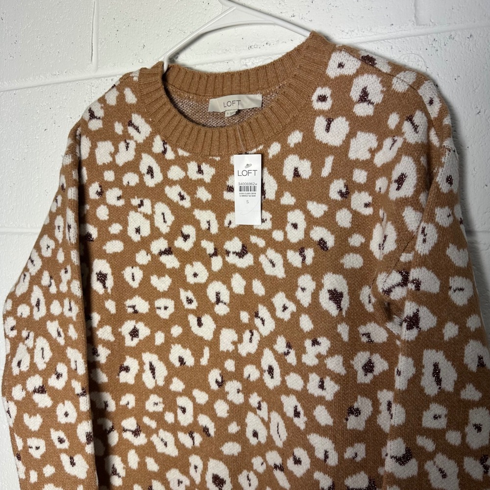 LOFT Leopard Print Sweater Dress Mini Long Sleeve Crew Neck Women Size S - Picture 2 of 4
